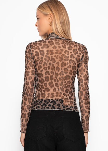 Mesh Langarmshirt mit Leo-Print - braun