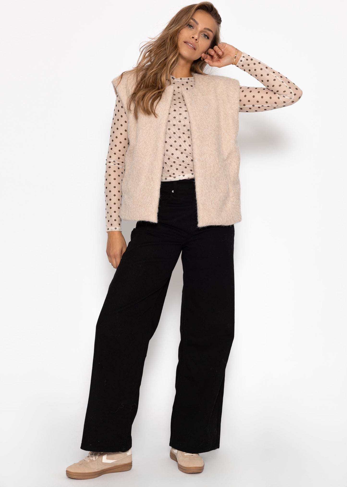 Mesh Langarmshirt mit Punkten - beige
